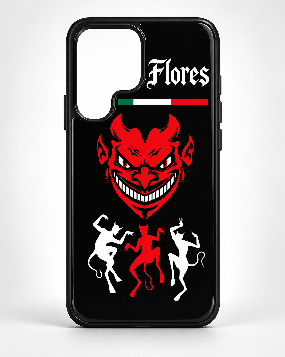 Funda negra con diablo rojo, bandera de México y el nombre Flores